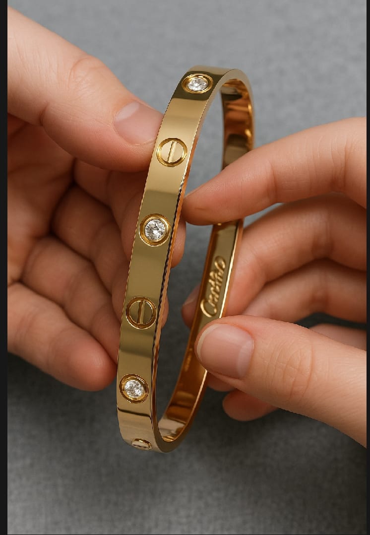 Elegant Stainless Steel & Gold Plated Diamond-Studded Bracelet for Women